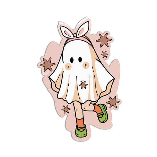 A cute cartoon die-cut sticker of a ghost-like bunny girl with long white bunny ears, a white ghost dress, orange socks, green shoes, and brown stars on a pale pink background.