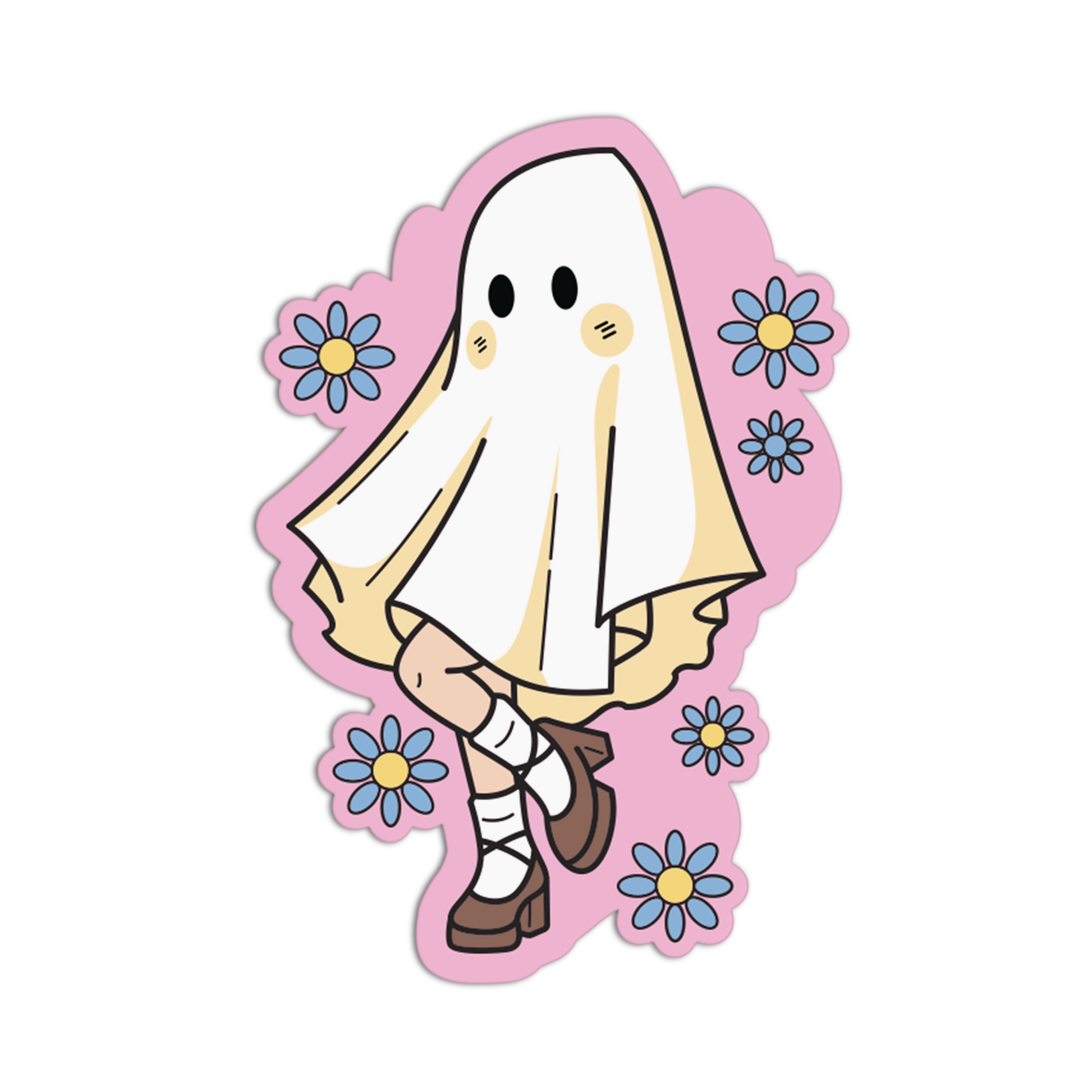 A die-cut sticker featuring a cute cartoon ghost character wearing a white sheet, with small blue and yellow flowers around it, on a black background.