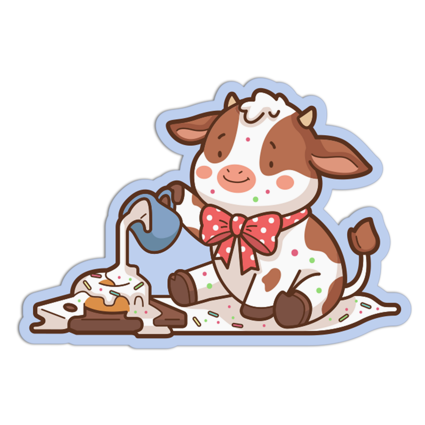 Cartoon cow with a bow tie and ice cream cone on a white background