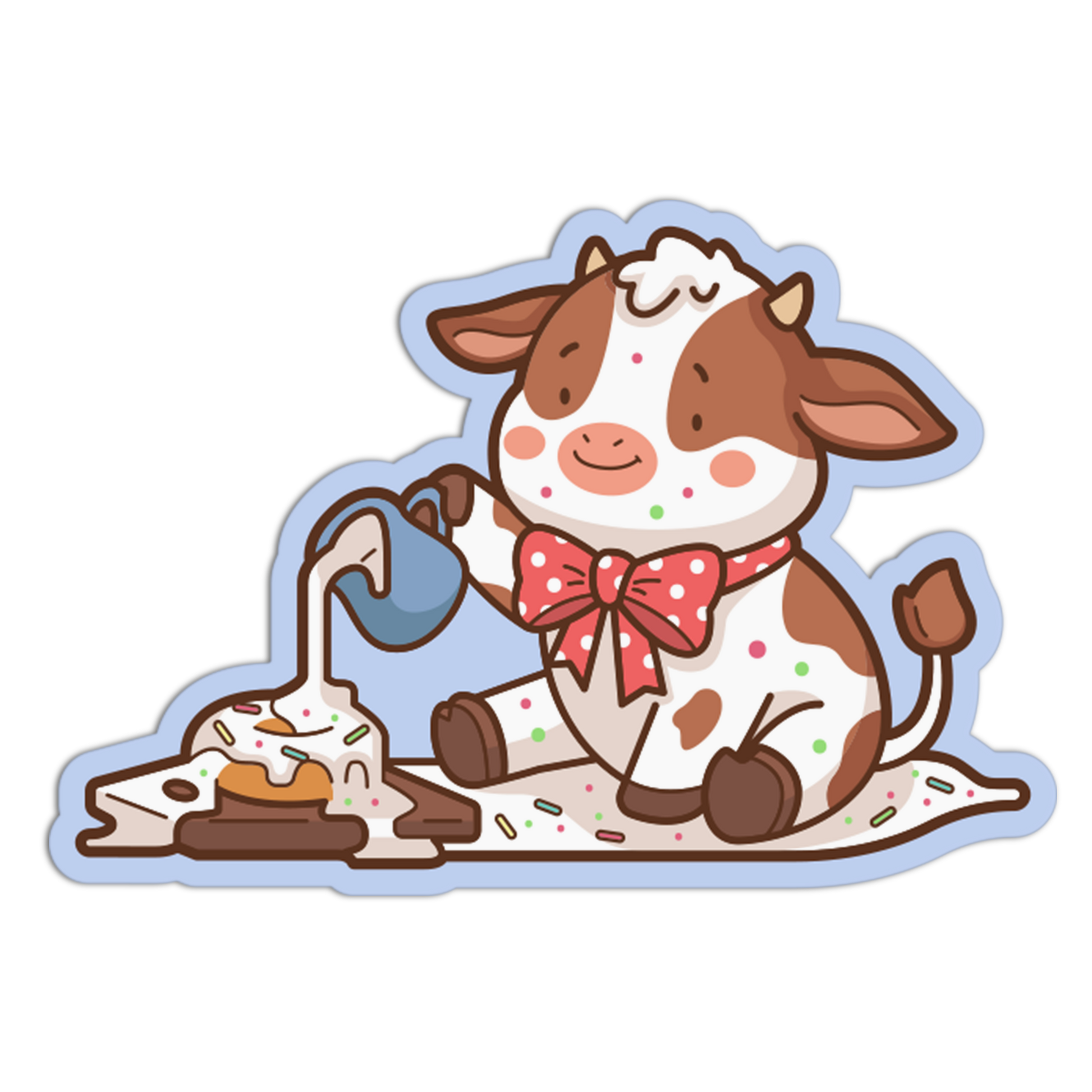 Cartoon cow with a bow tie and ice cream cone on a white background