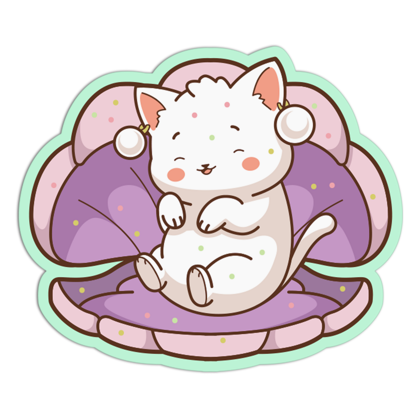 Cartoon cat sitting on a purple cushion with a white background