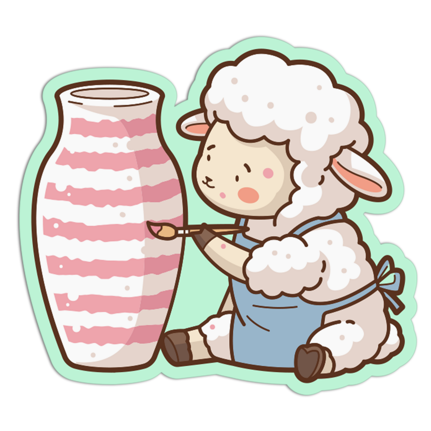 Cartoon sheep character painting a striped vase with a paintbrush.