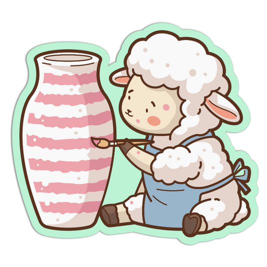 Cartoon sheep character painting a striped vase with a paintbrush.