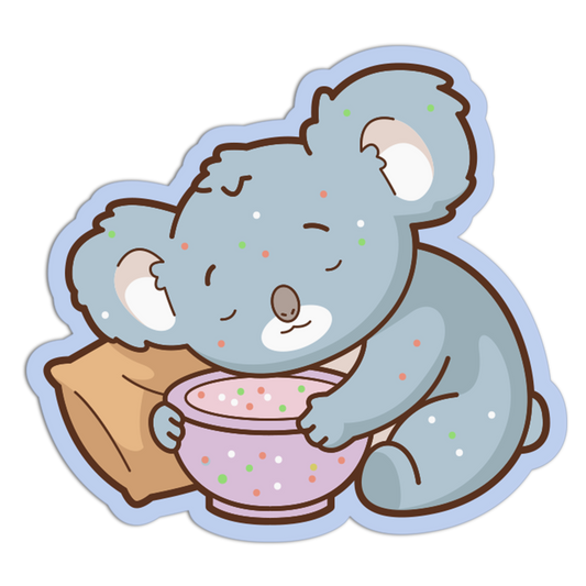 Cartoon koala holding a pink bowl with a blanket on a transparent background
