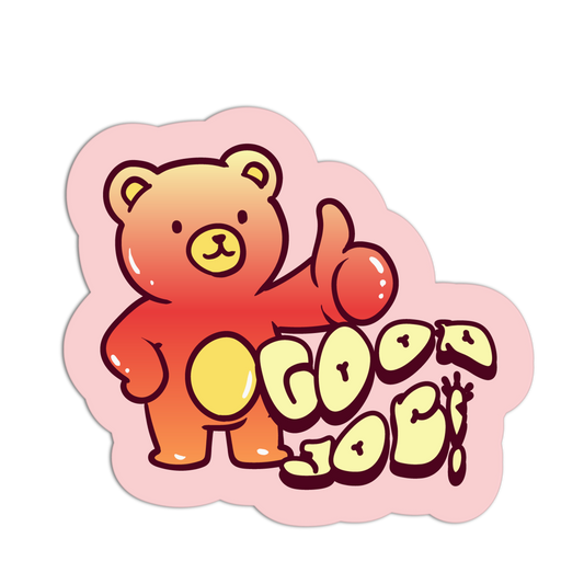 Sticker with a bear giving a thumbs up and 'Good Job!' text on a pink background