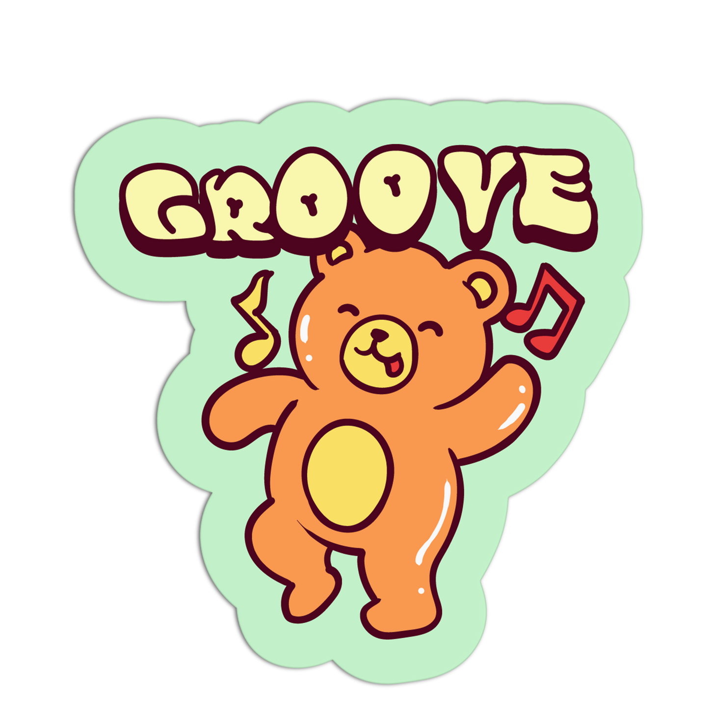 Sticker with a dancing bear and 'GROOVE' text on a light green background
