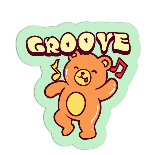 Sticker with a dancing bear and 'GROOVE' text on a light green background