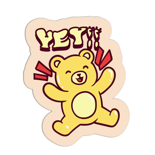 Sticker with a yellow bear and 'YAY!' text on a beige background