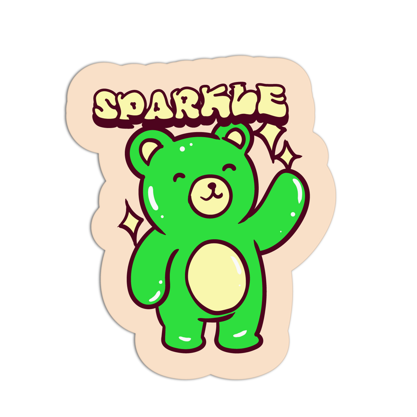 Green bear sticker with 'Sparkle' text on a beige background