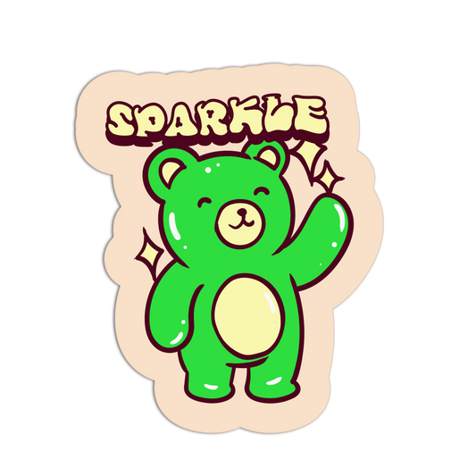 Green bear sticker with 'Sparkle' text on a beige background