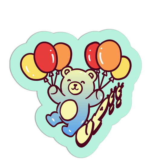 Colorful sticker of a teddy bear with balloons on a light blue heart-shaped background