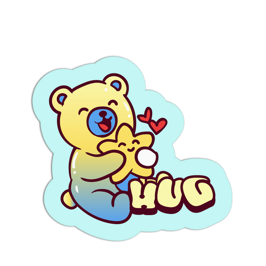 Cartoon bear holding a star with hearts and the word 'HUG' on a light blue background