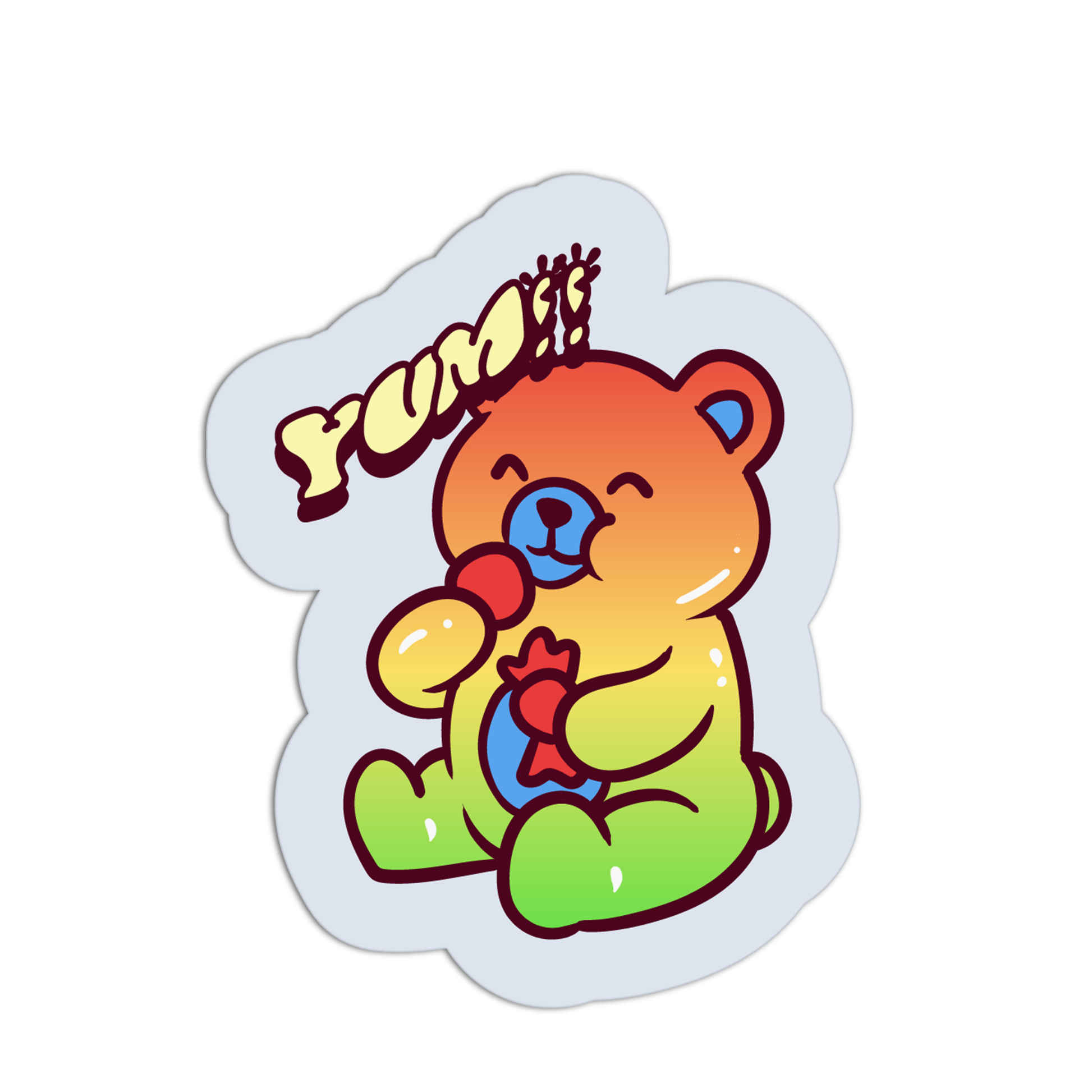 Colorful bear sticker with 'YUM' text on a white background