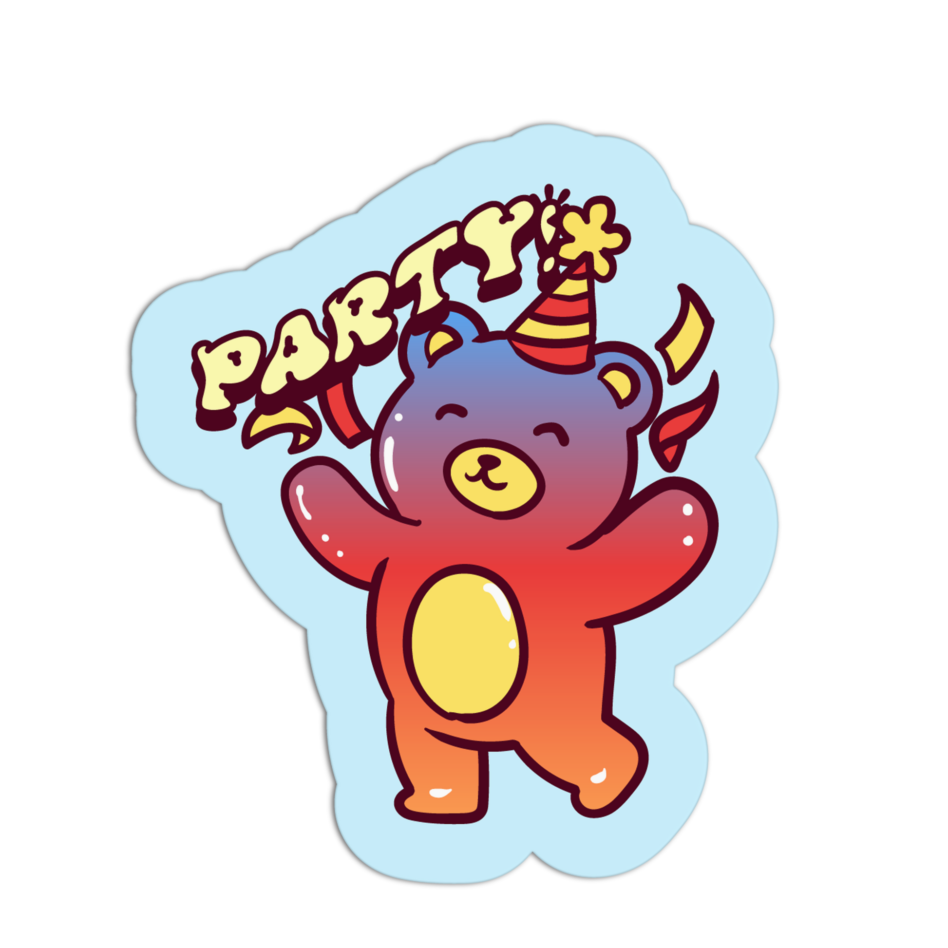 Sticker of a colorful bear with a party hat and 'PARTY!' text on a light blue background