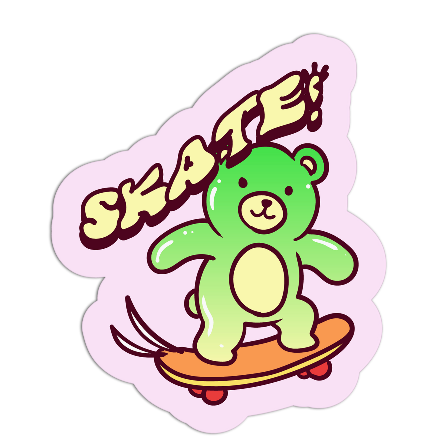 Sticker with a green bear on a skateboard and 'SKATE' text on a pink background