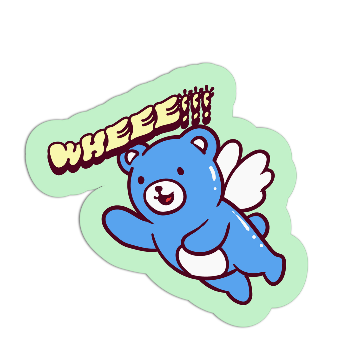 Cartoon blue bear with wings and 'WHEEE!!!', on a light green background
