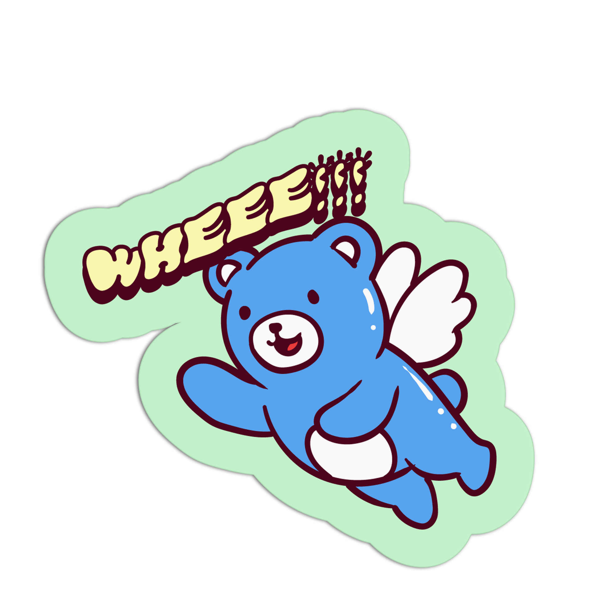 Cartoon blue bear with wings and 'WHEEE!!!', on a light green background