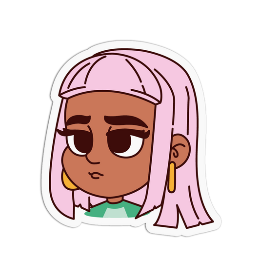 A die-cut cartoon sticker featuring a character with pink hair, brown skin, and gold hoop earrings, shown on a plain white background.
