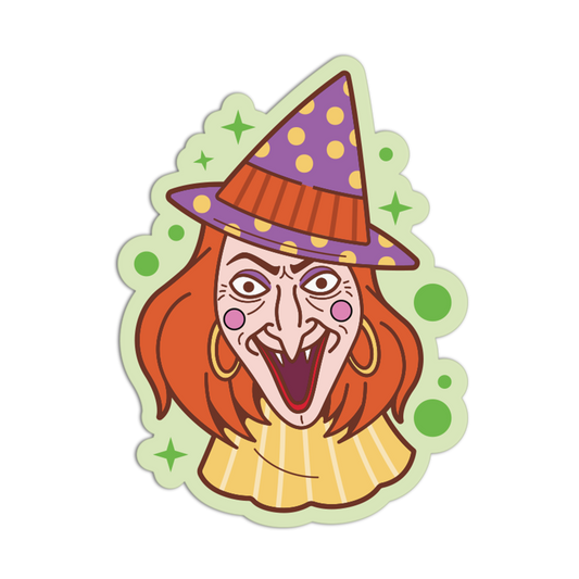 A cartoon witch sticker or decal featuring an evil-looking woman with orange hair, a purple polka-dot hat, and a yellow ruffled collar on a light green background with green stars.