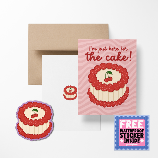 Greeting card with cake illustration and envelope on a white background