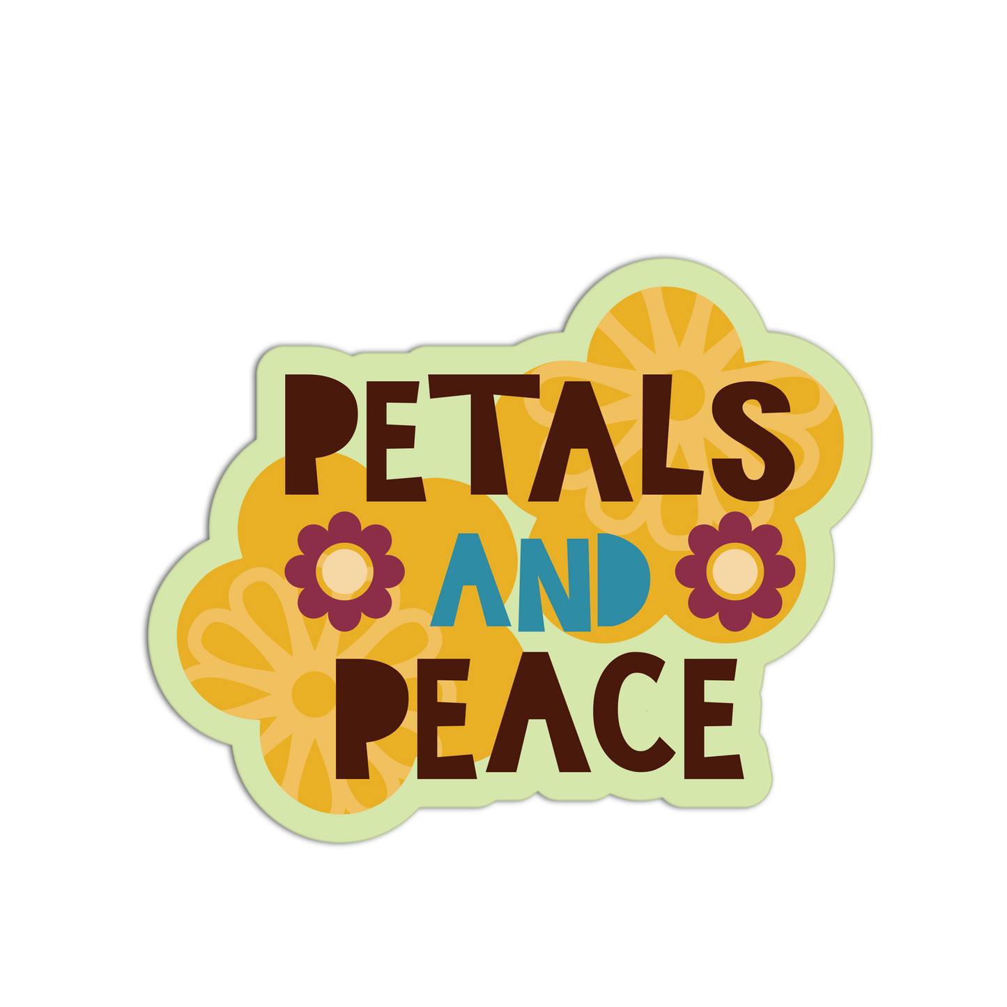 Decorative sticker with 'Petals and Peace' text and floral designs on a white background