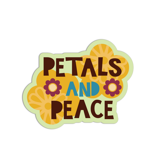Decorative sticker with 'Petals and Peace' text and floral designs on a white background