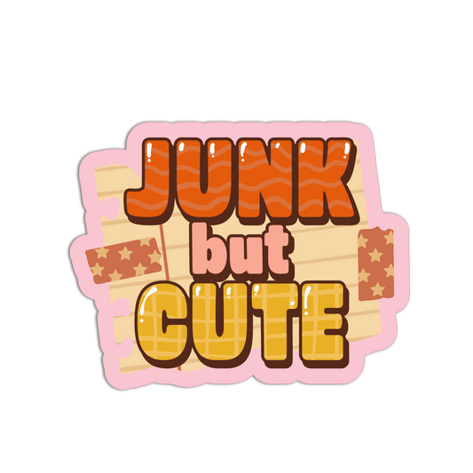 Sticker with 'Junk but Cute' text on a white background