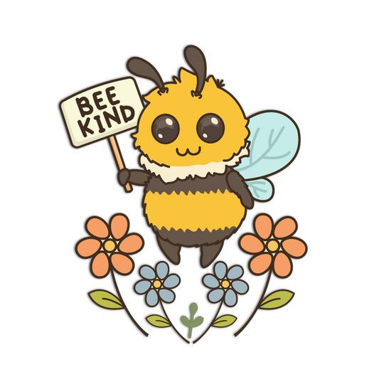 Cartoon bee holding a 'Bee Kind' sign with flowers on a white background
