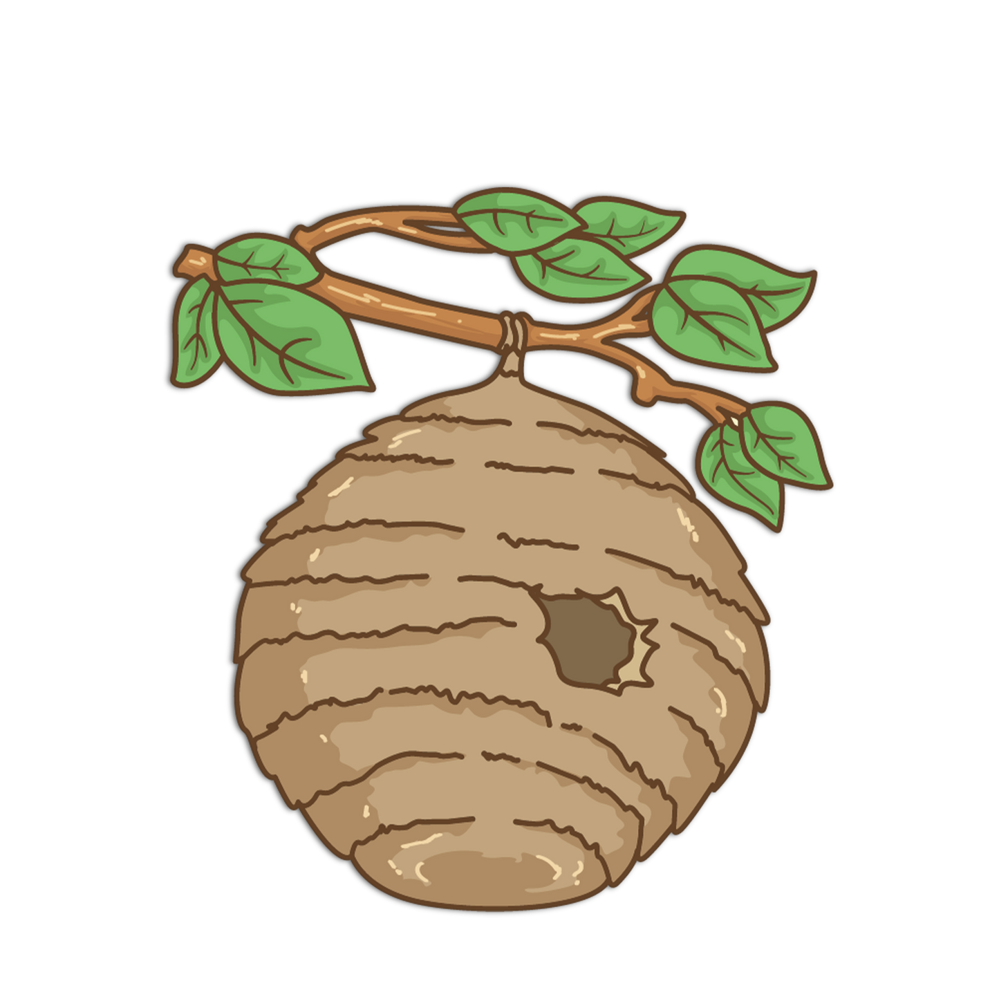 Illustration of a wasp nest on a branch with green leaves
