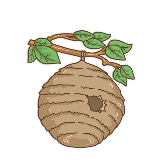 Illustration of a wasp nest on a branch with green leaves