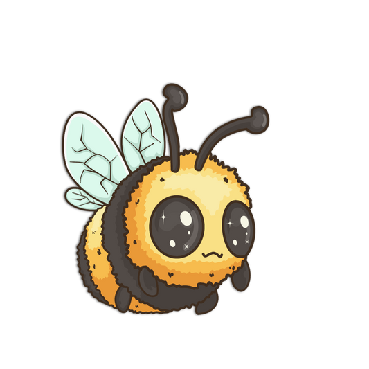 Cartoon bee character with a sad expression on a white background