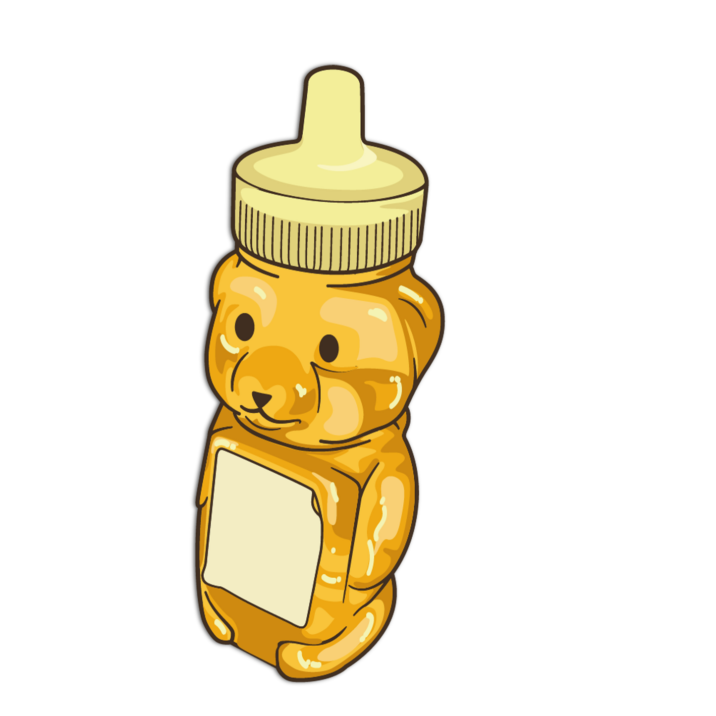 Honey bear bottle with a yellow label on a white background