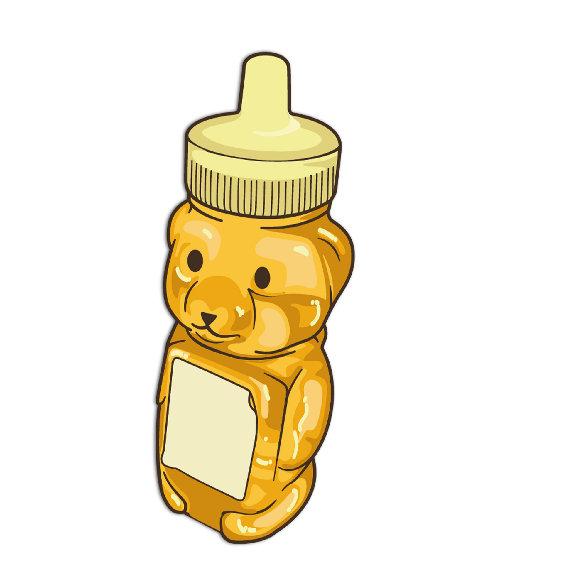 Honey bear bottle with a yellow label on a white background