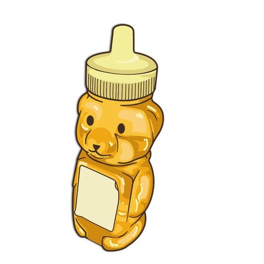 Honey bear bottle with a yellow label on a white background