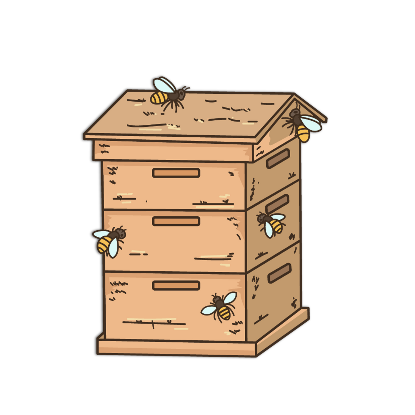 Illustration of a wooden beehive with bees on a white background