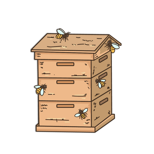 Illustration of a wooden beehive with bees on a white background