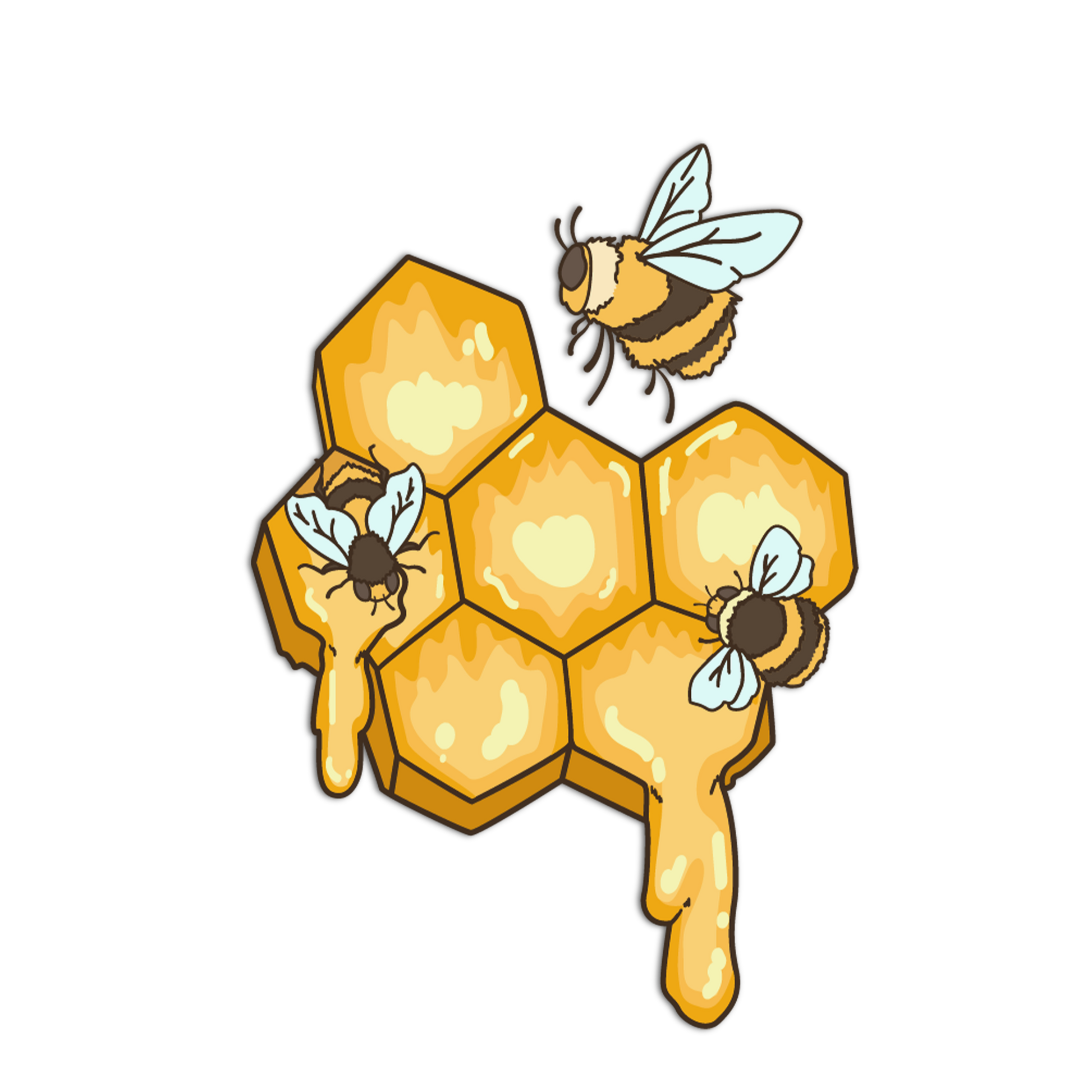 Illustration of a honeycomb with bees on a white background