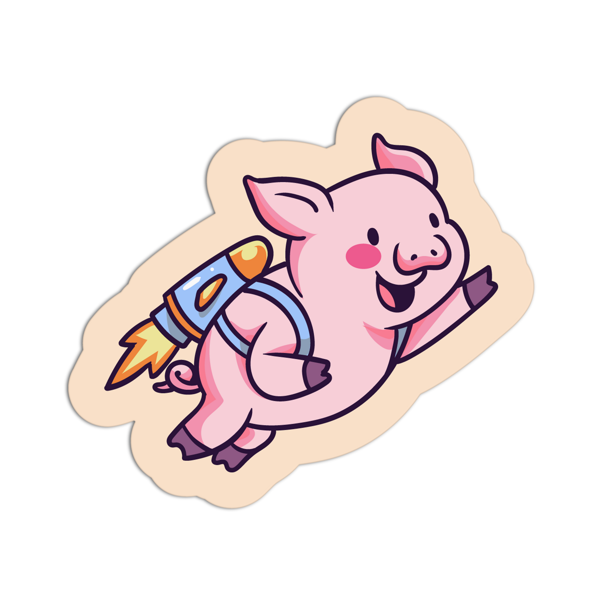 Cartoon pig with a rocket pack on a beige background