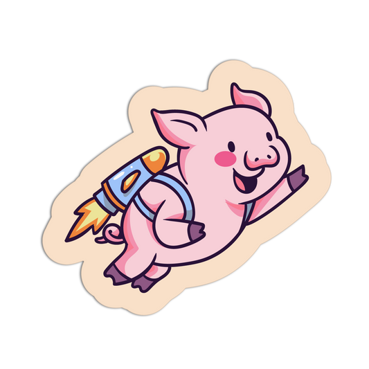 Cartoon pig with a rocket pack on a beige background