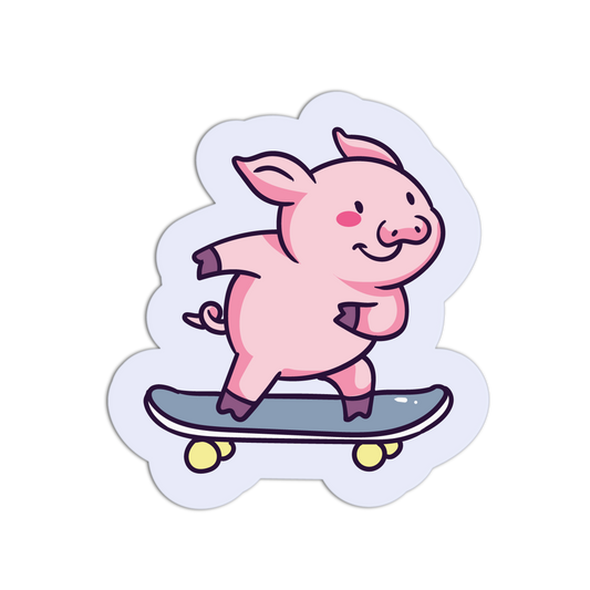 Cartoon pig on a skateboard with a white background