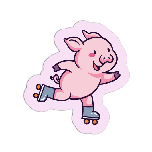Cartoon pig on roller skates with a pink outline on a white background