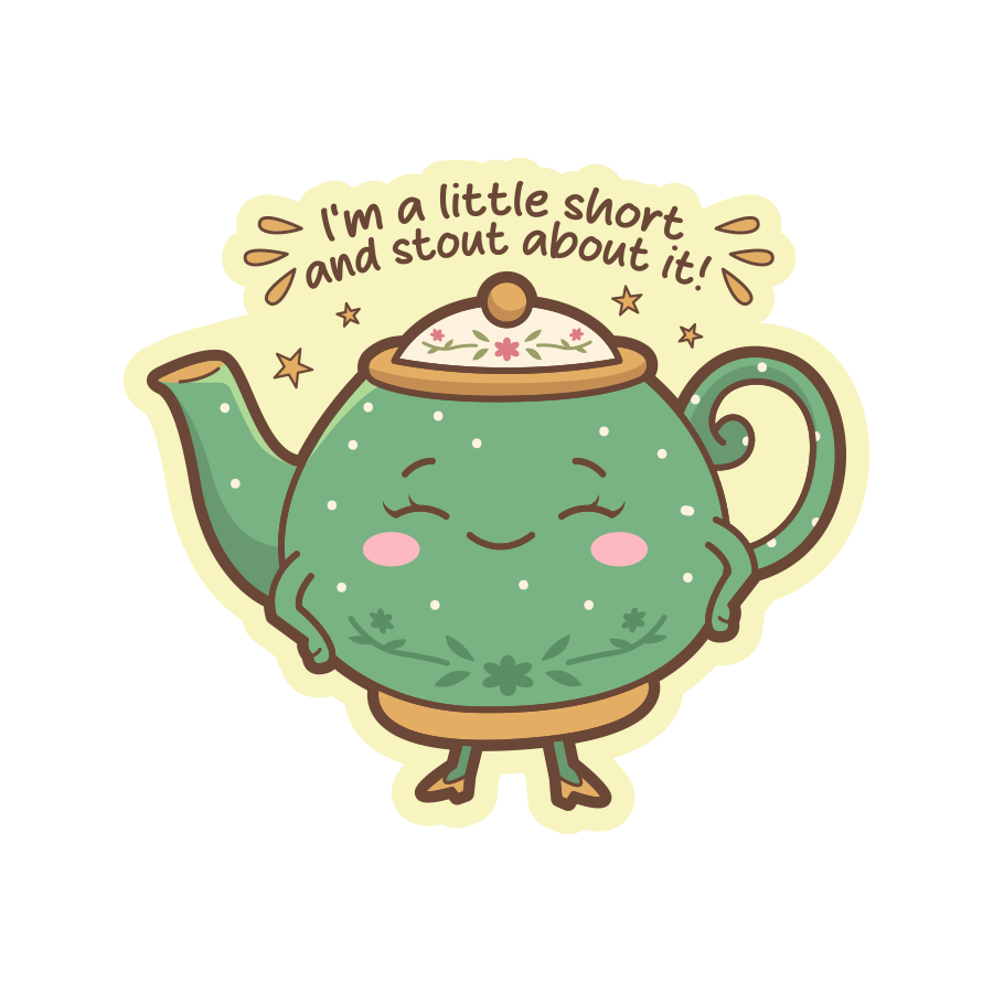 Cartoon teapot with a humorous quote on a white background