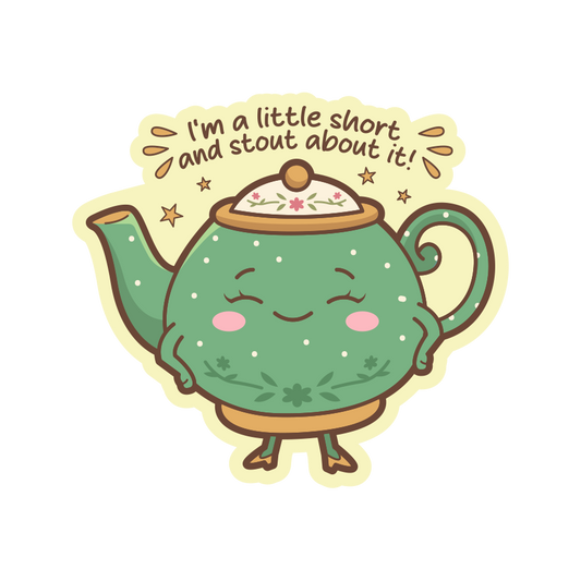 Cartoon teapot with a humorous quote on a white background
