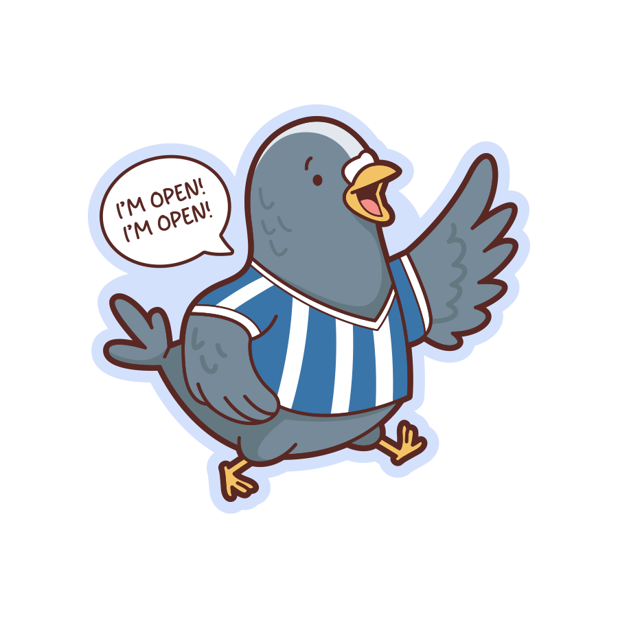 Cartoon pigeon in a blue and white striped shirt with an open sign, on a white background