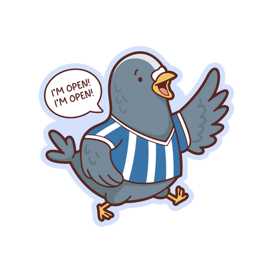 Cartoon pigeon in a blue and white striped shirt with an open sign, on a white background