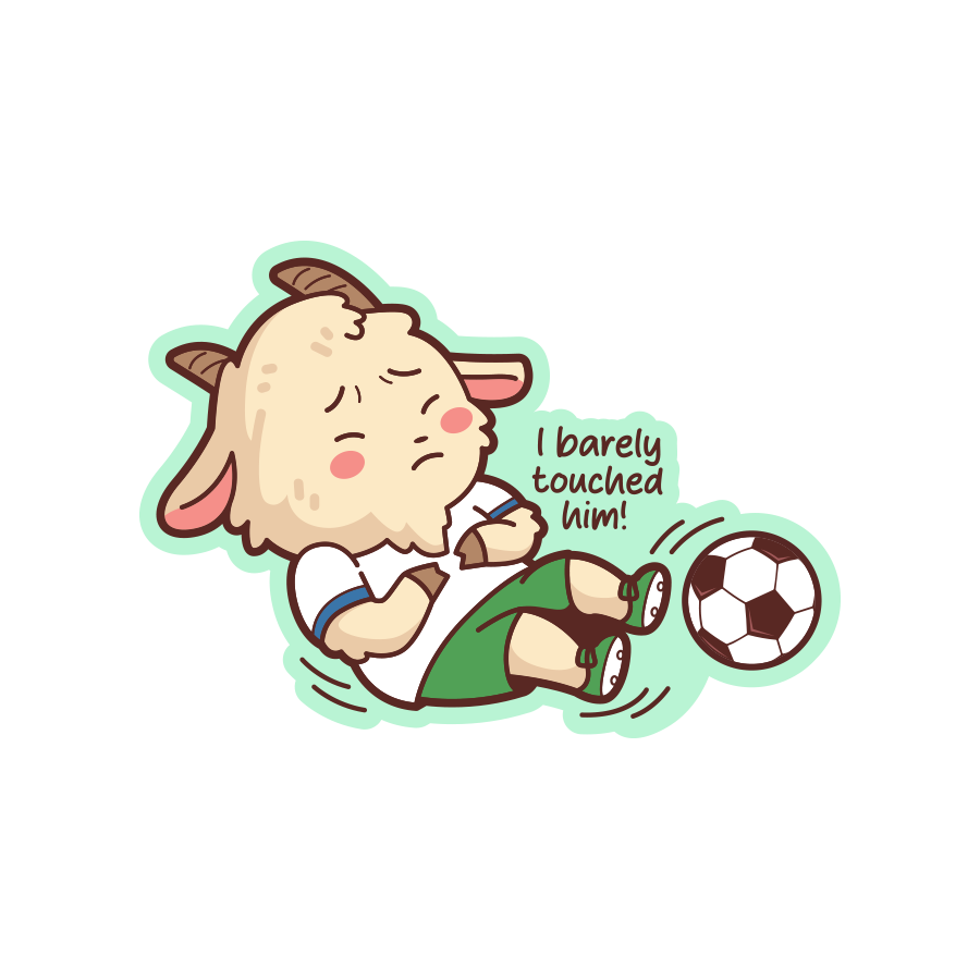 Cartoon character kicking a soccer ball with text 'I barely touched him!' on a white background