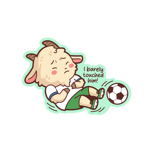 Cartoon character kicking a soccer ball with text 'I barely touched him!' on a white background