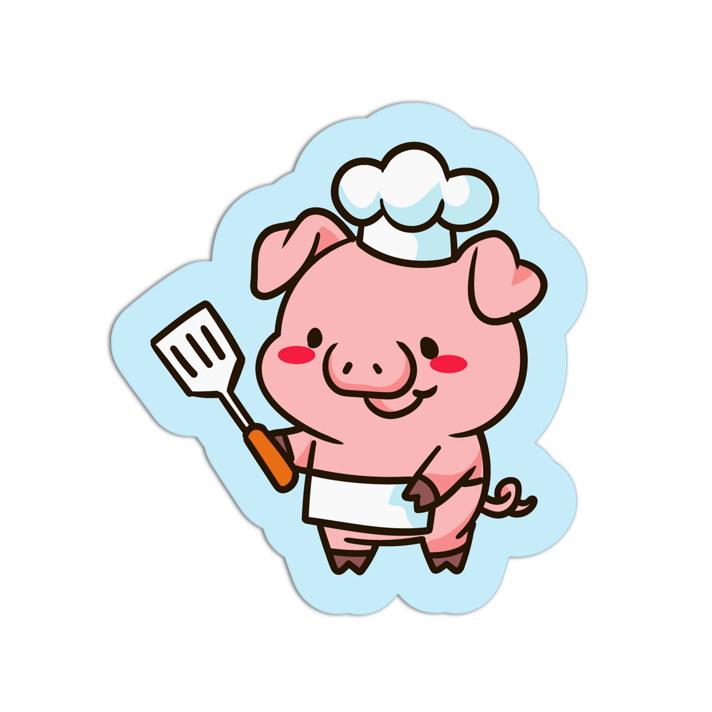 Cartoon pig chef holding a spatula on a light blue background