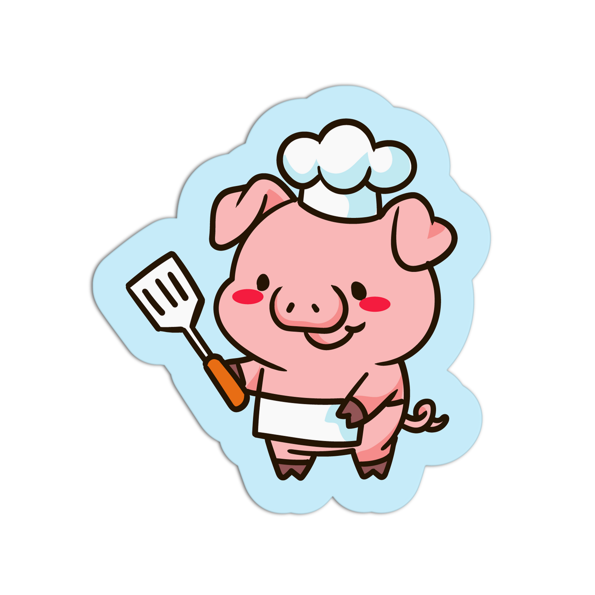 Cartoon pig chef holding a spatula on a light blue background