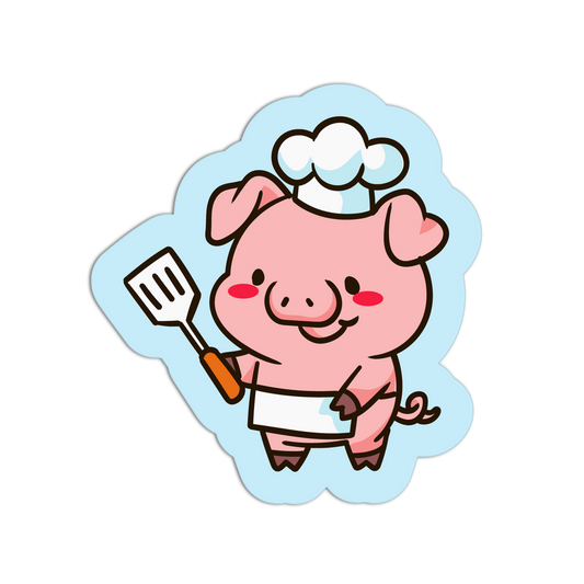Cartoon pig chef holding a spatula on a light blue background